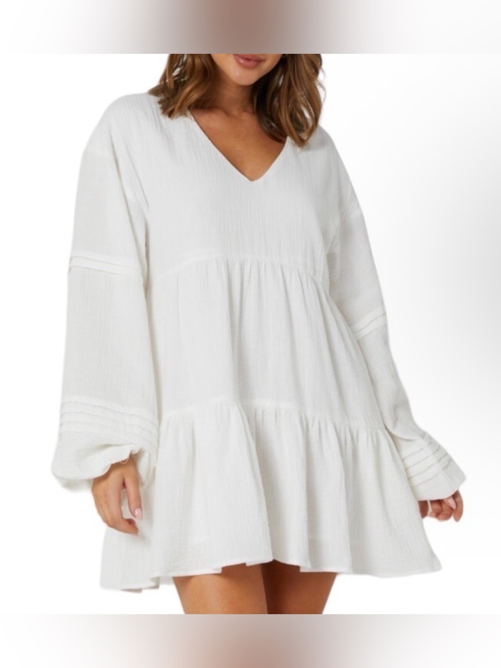 NWT Charlie Holiday Agatha White Long Sleeve Tiered Baby Doll Mini Dress